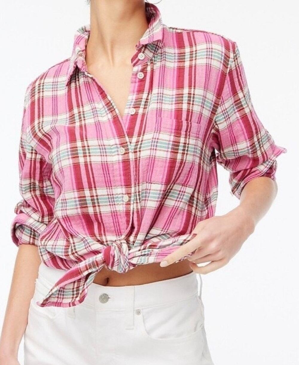 NWT J.Crew Womens Plaid Button Up Flannel Shirt M Pink Preppy Cabin Western